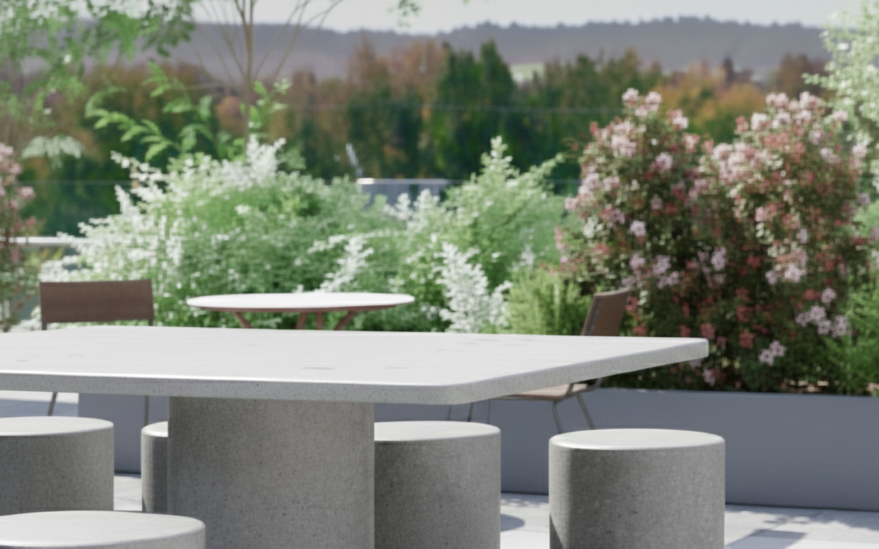Outdoor concrete table seating area