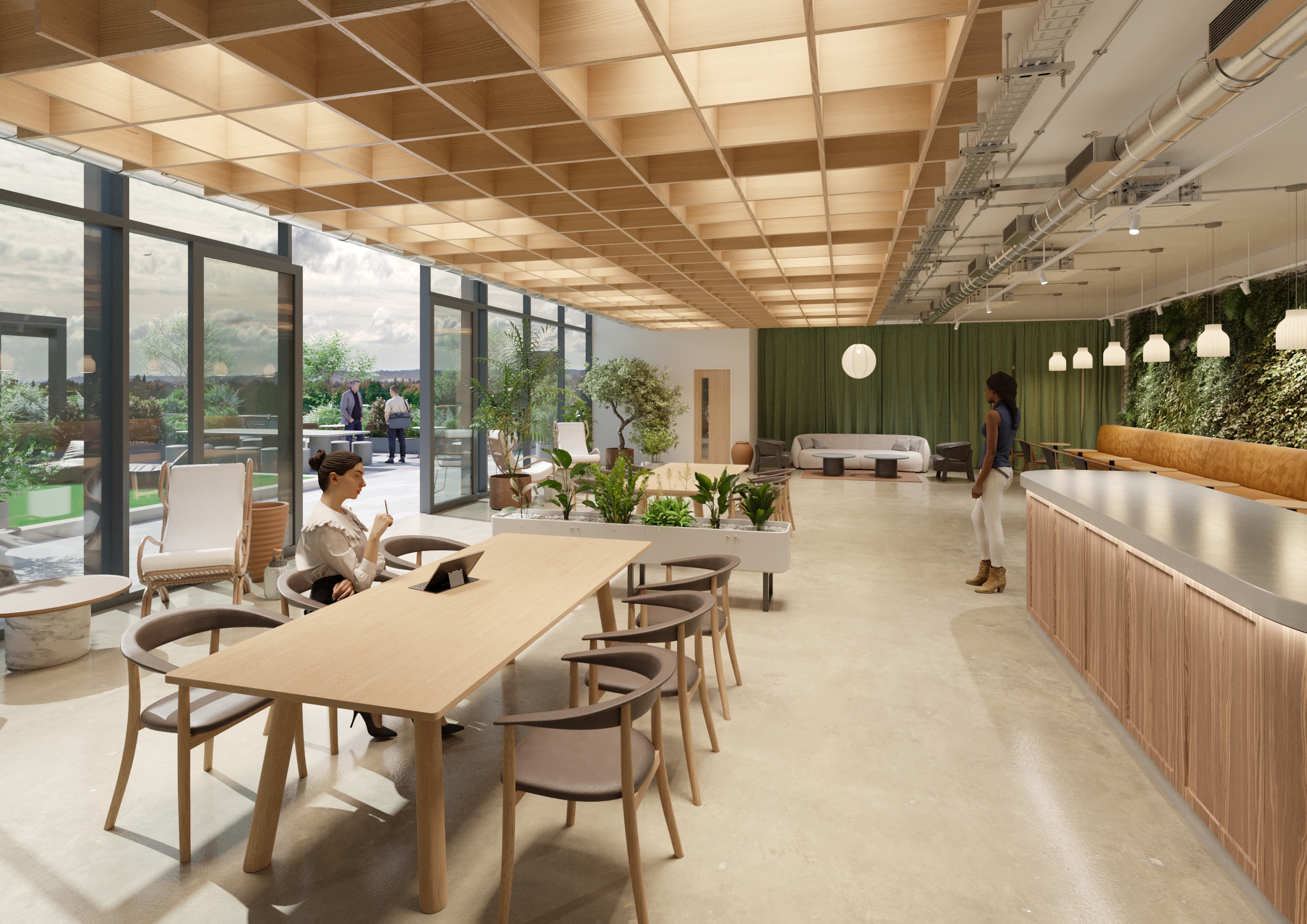 Rooftop pavilion interior with wooden ceiling and greenery